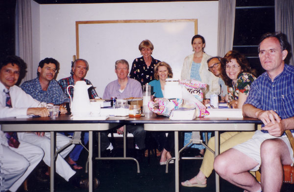 Visiting the Tuesday night study group at 533. From left: Bob Solone, Trevor Swadling, Steve Baney, ?, Saskia Raevouri, Tonia Baney, Kathleen Swadling, ?, Jane Ploetz, ?.