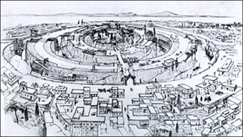 Atlantis' capital city, based on Plato's description. Illustration from Albert Herrmann's Unsere Ahnen und Atlanten, 1934
