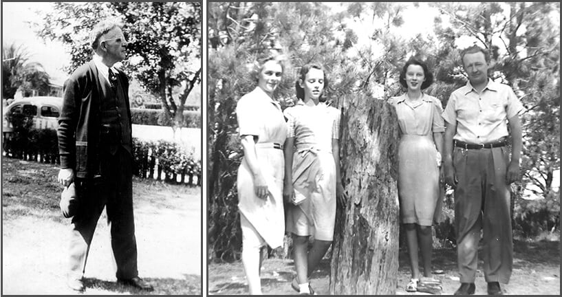 [Left] Harry Loose in his yard in California in 1942. [Right] Harold and Martha Sherman and their daughters Mary and Marcia on the way to California in July 1942.