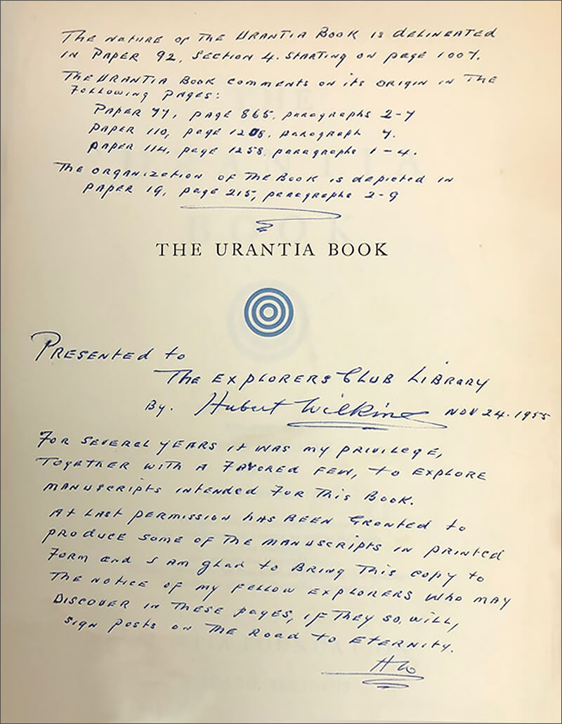 Wilkin's inscription inside the book he donated to The Explorers Club in New York City