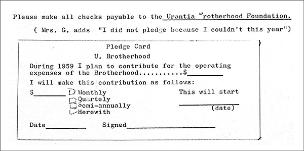 The pledge card that came with the news letter, typed by Martha Sherman before she returned the original to Rachel Gusler
